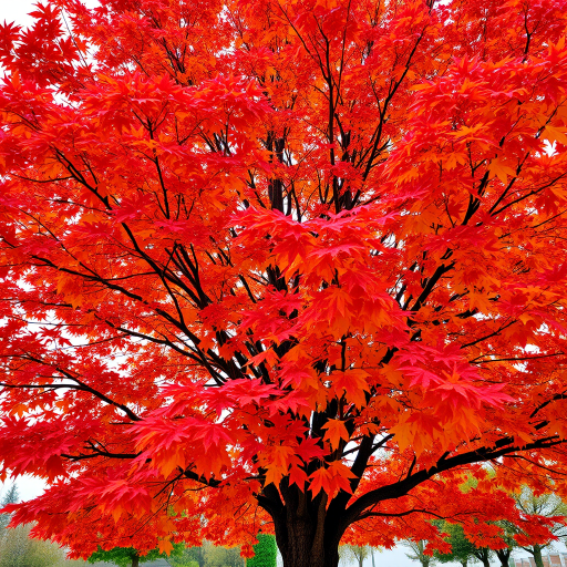 Generate a highly detailed image of a vibrant autumn tree with rich red and golden leaves, shot with a DSLR camera at f/8 aperture, ISO 100, 50mm lens, in a well-lit outdoor setting, capturing the full height and breadth of the tree from a low-angle perspective to emphasize its grandeur.