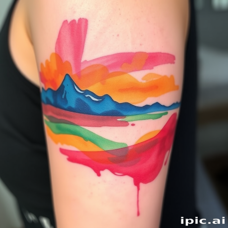 Watercolor brush stroke tattoo called "Impressionist Dream" featuring loose, fluid strokes of vibrant colors blending together to create an abstract landscape inspired by impressionist paintings