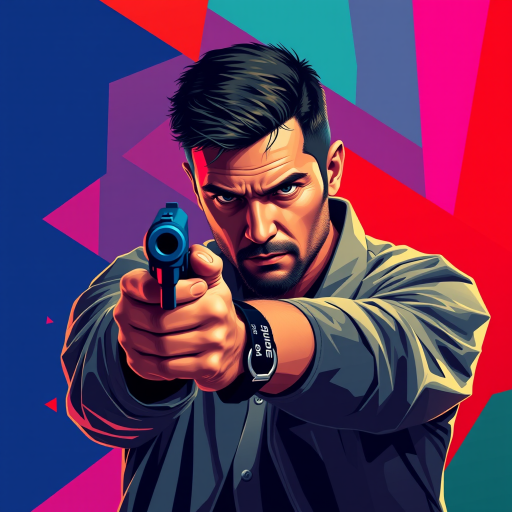 Create a high-resolution digital illustration of a man holding a handgun with a focused expression, in a vibrant geometric background, shot with a 50mm lens at f/1.8, ISO 100, using a mirrorless camera with a cinematic style.