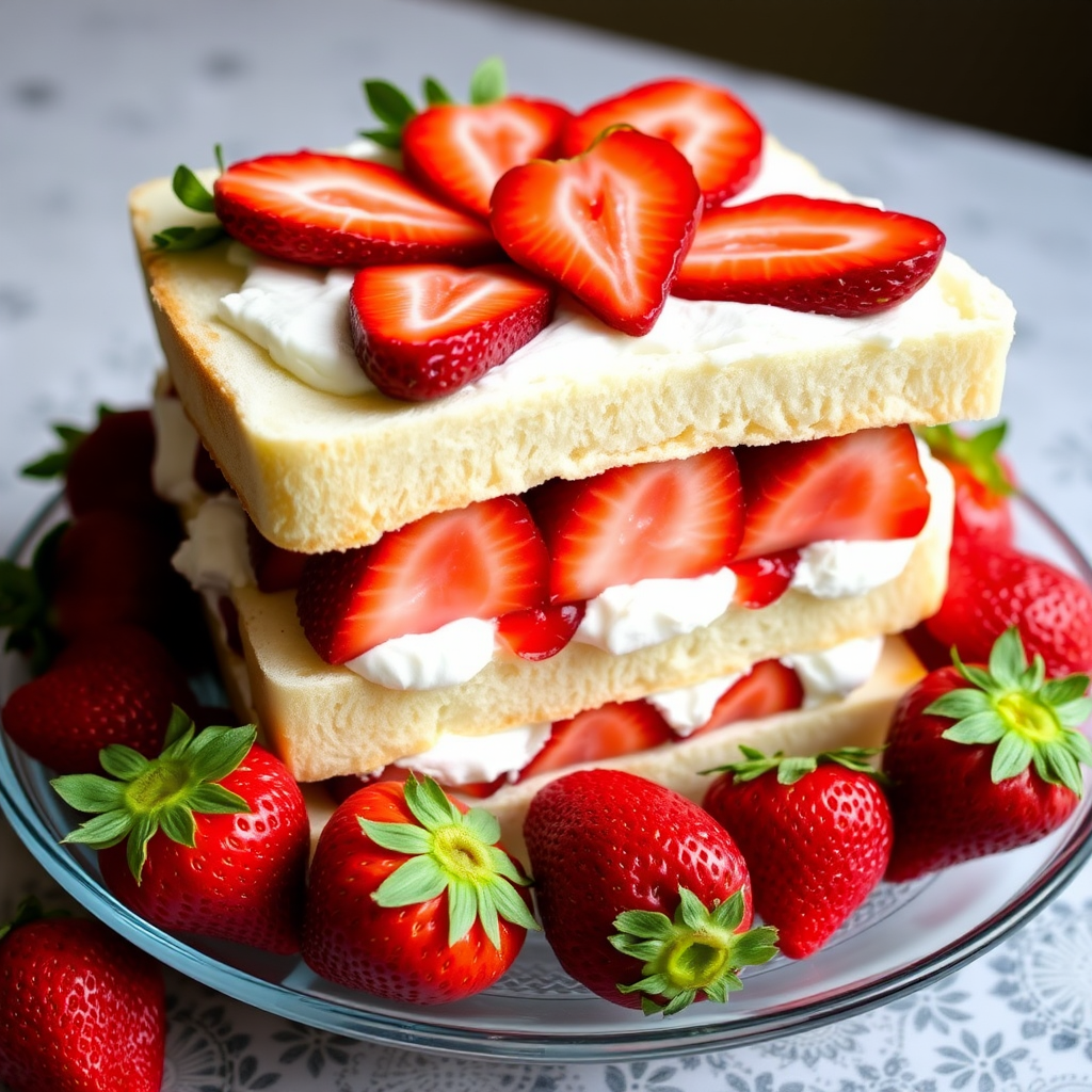 A deliciously arranged strawberry sandwich cake with layers of fresh strawberries and whipped cream between soft white bread served on a clear glass plate surrounded by whole strawberries.