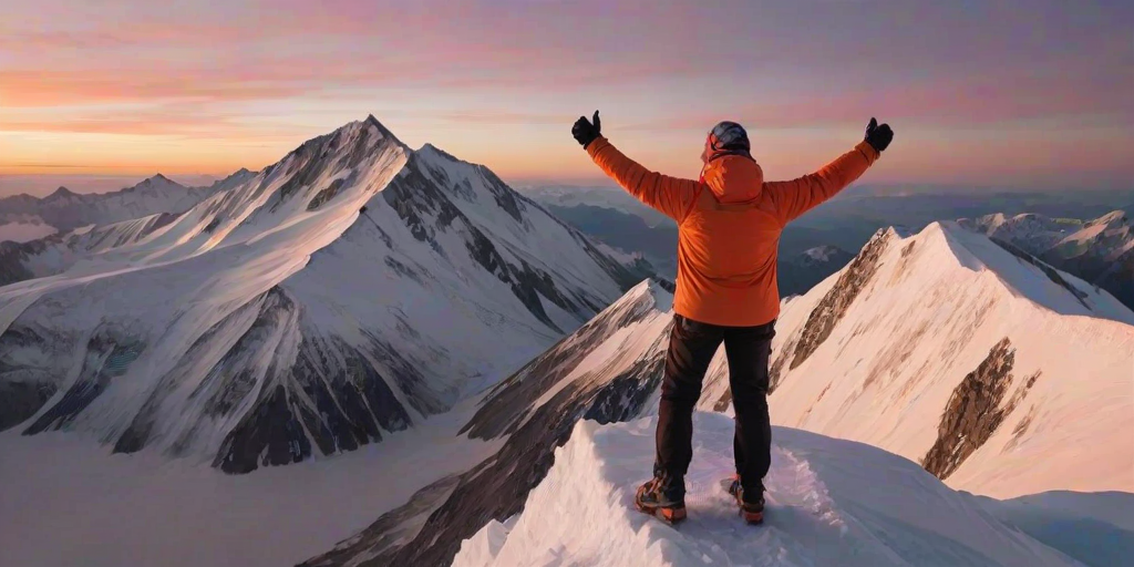 Crisp, clear shot of a mountain peak at sunrise, climber standing at the summit, arms raised in victory, bright orange and pink clouds in the sky, snow-covered peaks in the background, ice axe planted in the ground beside them, soft shadows across the snow, wind whipping the climber's jacket.