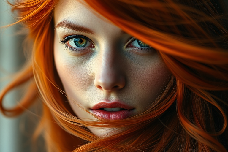 portrait of a woman with flowing red hair and striking green eyes, digital art, soft focus, accentuated texture, natural lighting, aperture f/2.8, shutter speed 1/60s, ISO 200, 50mm lens
