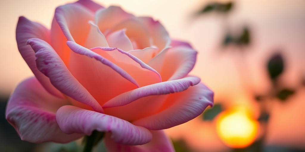 close-up of a blooming rose with soft pink and cream petals against a sunset background, f/2.8 aperture, 50mm lens, ISO 100, shot with a DSLR camera in natural light for enhanced detail and color vibrancy