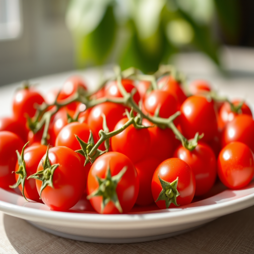 Close-up shot of a plate of red cherry tomatoes with a shallow depth of field, soft natural lighting, DSLR camera, 50mm lens, aperture f/2.8, ISO 100, focused on the tomatoes to enhance texture and color vibrancy.