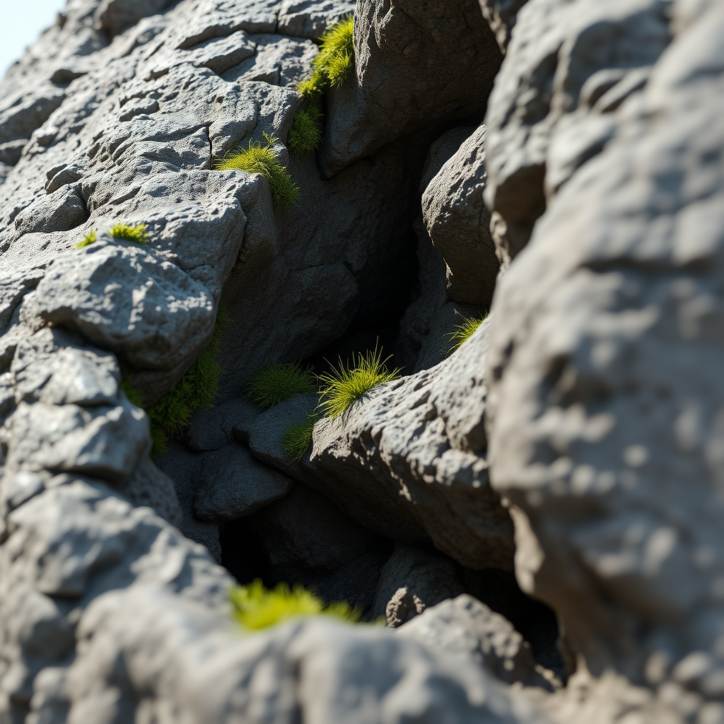 Create a realistic 3D render of a textured rock formation with greenery emerging from its crevices, captured using a Canon EOS R5 with a 50mm f/1.2 lens, aperture set to f/8, ISO 100, and a low-angle view to emphasize depth and detail, in natural light for enhanced color vibrancy and shadow contrast.
