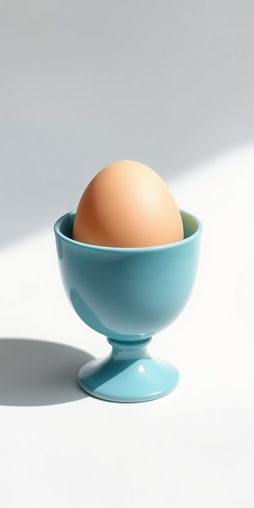 Create a highly detailed illustration of an egg in an elegant blue egg cup with a smooth gradient, using a soft focus lens, 50mm focal length, f/2.8 aperture, 1/60 sec shutter speed, natural light to enhance shadow details and overall image quality.