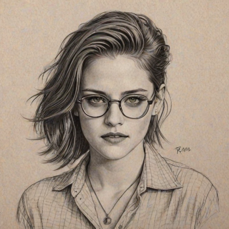 Wonderful Kristen Stewart, pencil sketch, portrait of Ravishing woman 1934s in glasses, hair style beatnik, outline, clear lines, fine lines, 8k