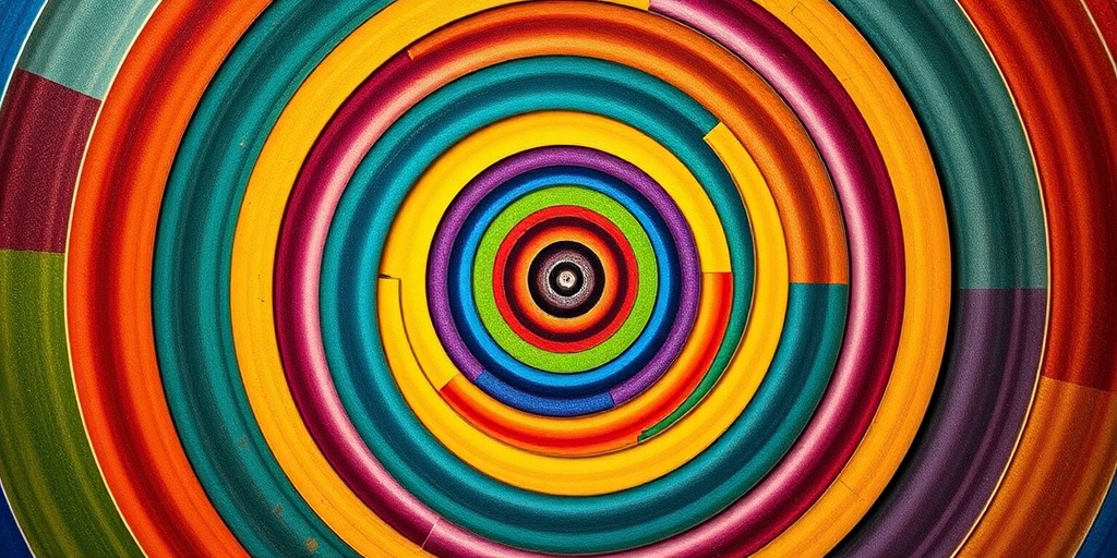 Create a vibrant spiral pattern with concentric circles filled with various colors, using a DSLR camera with a 50mm lens at f/1.8, ISO 100, and a top-down view to enhance clarity and depth.