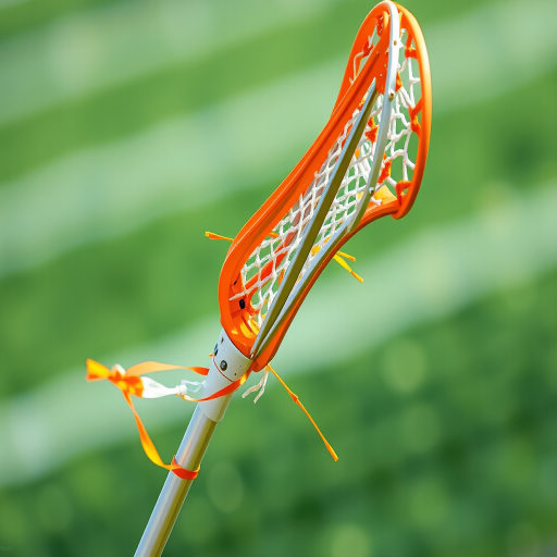 Generate a high-resolution illustration of a lacrosse stick with vivid orange accents, depicting dynamic motion, captured with a DSLR camera at f/2.8 aperture, ISO 400, 1/1000 shutter speed, in a close-up view with a shallow depth of field.