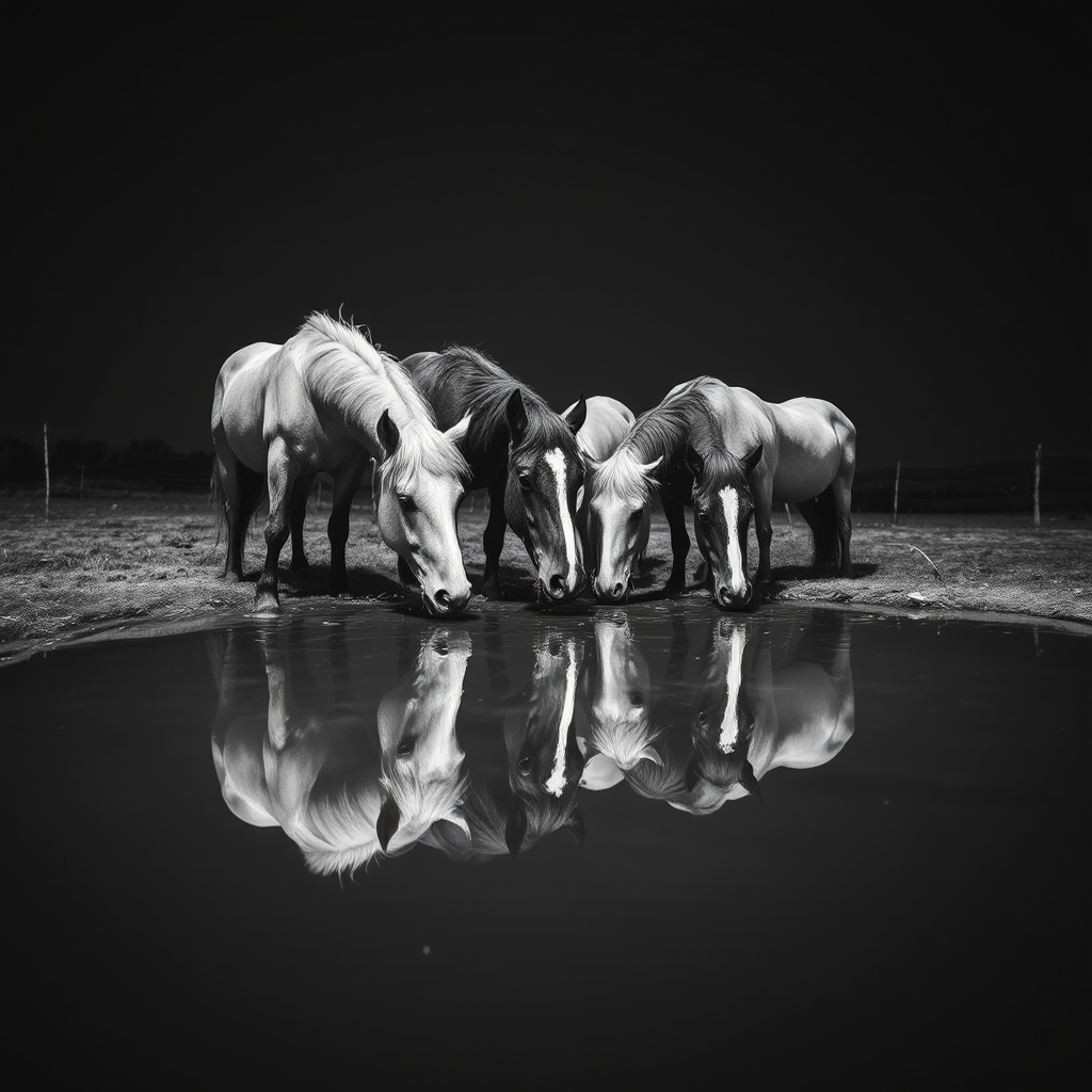 Regenerate an image of four horses drinking from a still water source at night, captured with a DSLR camera, 50mm lens, f/1.8 aperture, ISO 200, slow shutter speed to enhance the reflection, in black and white, low angle view.