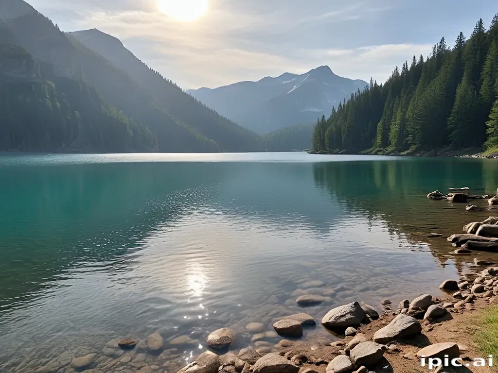 Tranquil Mountain Lake Surrounded by Lush Green Forests and Majestic Peaks