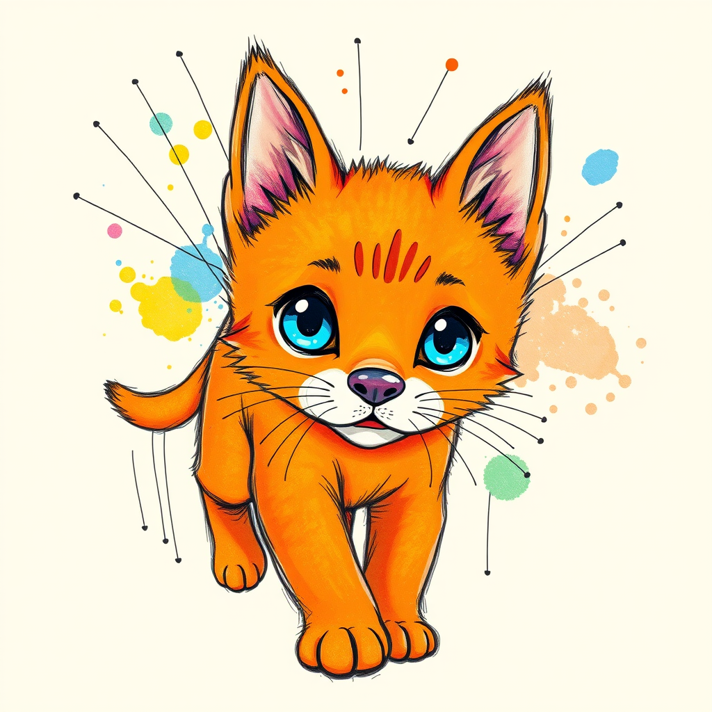 A vibrant childs coloured pencil drawn illustration of a bright orange dog with large, expressive blue eyes, a very cute style. The dog appears to be walking towards the viewer, surrounded by an abstract splash of colors and fine black lines, giving the image a dynamic and artistic flair. The background is a soft beige, highlighting the cat's vivid coloration and playful demeanor. Naively drawn scratchy line style.