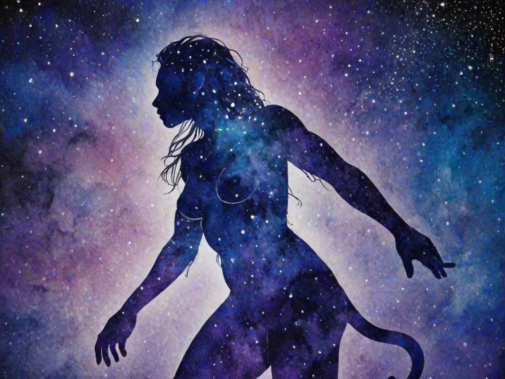 Captivating conceptual render alcohol ink art, double exposure, the paint strokes artfully merge combining a woman's full silhouette with a Swinging monkey's silhouette. The figures are composed of a series of colored dots, lines & spots that evoke the image of a cosmic galaxy, colors are deep shades of blue purple & black with flashes of white & silver representing distant stars. The woman's silhouette is formed within the lion's silhouette from constellations of scattered stars, surreal