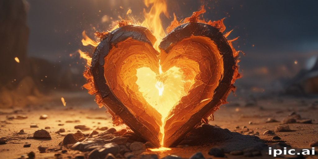 Fiery Heart Shaped Lava Erupting from Cracked Earth in Dramatic Landscape