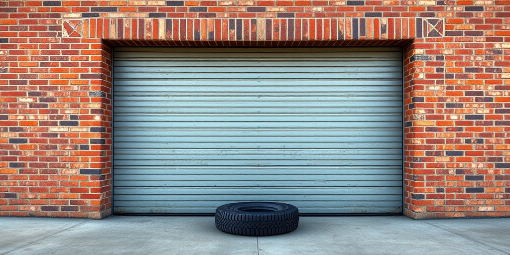 generate an image of an industrial garage door with a textured concrete surface against a brick wall background, include a tire on the ground, natural daylight, camera settings: ISO 100, aperture f/8, shutter speed 1/200s, camera view: wide angle, camera style: realistic, camera type: DSLR