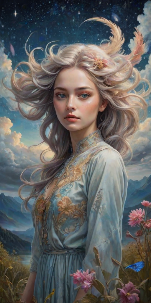 Create a series of imaginative portraits where each subject is infused with elements of fantasy and nature. The hair of the individuals should flow like clouds, varying from soft, fluffy cumulus to wispy cirrus strands, with hints of color reflecting a sunset or a clear blue sky. The eyes should be windows to entire galaxies, with stars, nebulae, and distant planets visible within them. Clothing should be adorned with nature motifs, such as floral patterns that bloom and change, vines that seem to grow and wrap around, or feathers that shimmer with iridescence. Each portrait should capture a unique personality, blending human features with the ethereal beauty of the natural and cosmic world. The backgrounds can vary, from starry night skies to enchanted forests, adding depth and context to the magical realism of the portraits