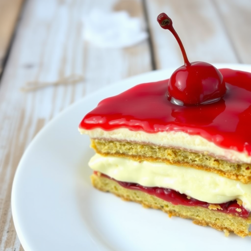 A delicious slice of layered dessert featuring creamy filling and topped with bright red cherry glaze served on a white plate with a rustic wooden background.