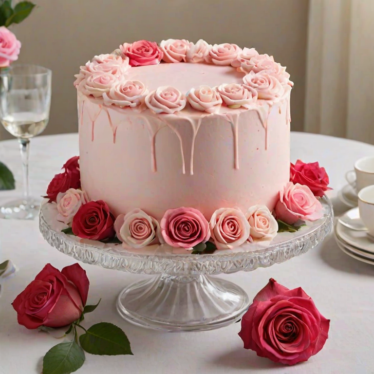Create an elegant cake adorned with a smooth pink frosting and surrounded by a variety of fresh roses and blooms in shades of white, pink, and red. The cake should be displayed on a decorative glass stand, set against a soft, neutral background. Ensure the floral arrangement is lush and vibrant, enhancing the overall aesthetic of the cake.