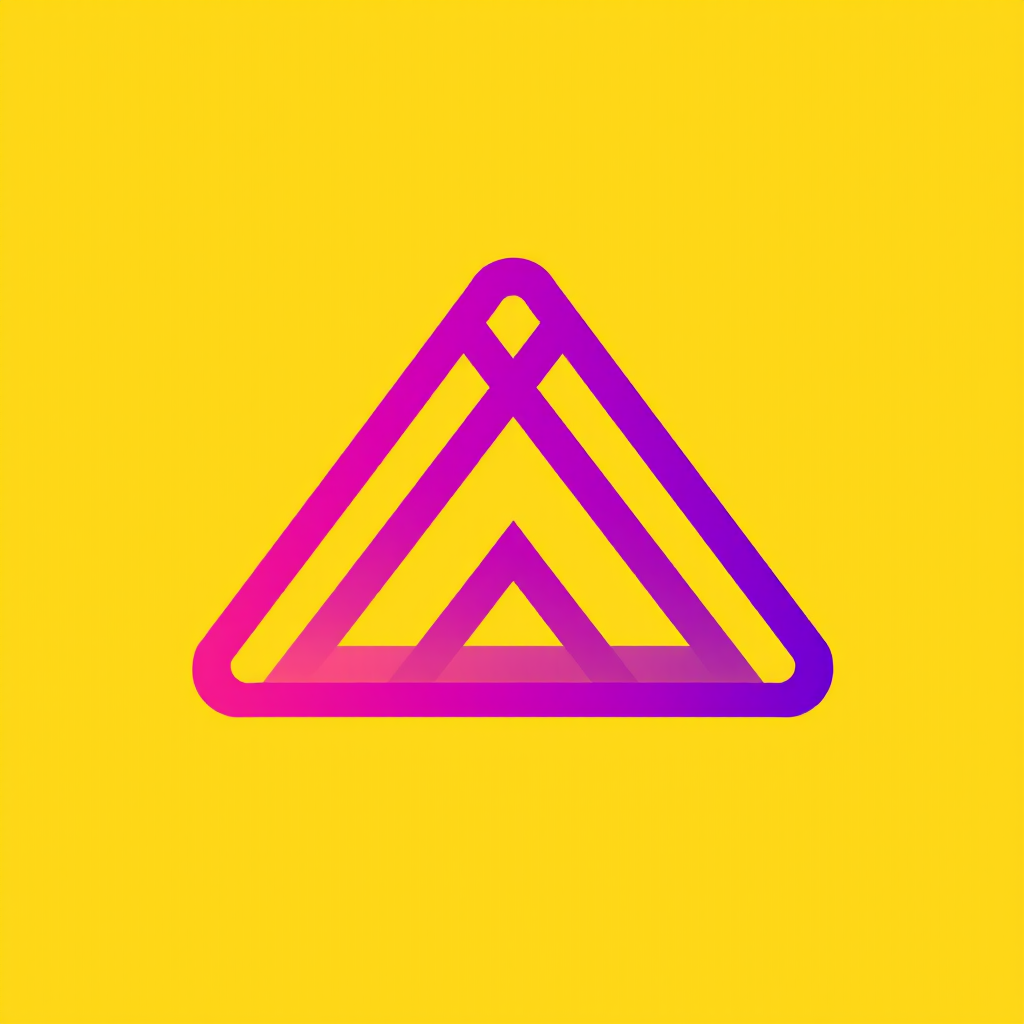 Generate a high-resolution image of a purple gradient triangle logo on a yellow background, use a DSLR camera with a 50mm lens, aperture f/2.8, ISO 100, and a slightly blurred background to emphasize the logo.