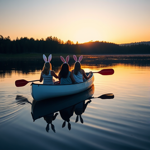 Generate an image of three people in a canoe wearing rabbit ears on a serene lake at sunset, with reflections on the water in sharp focus, using a DSLR camera with a 50mm lens at f/1.8, ISO 100, and a shutter speed of 1/200 sec, in portrait mode.