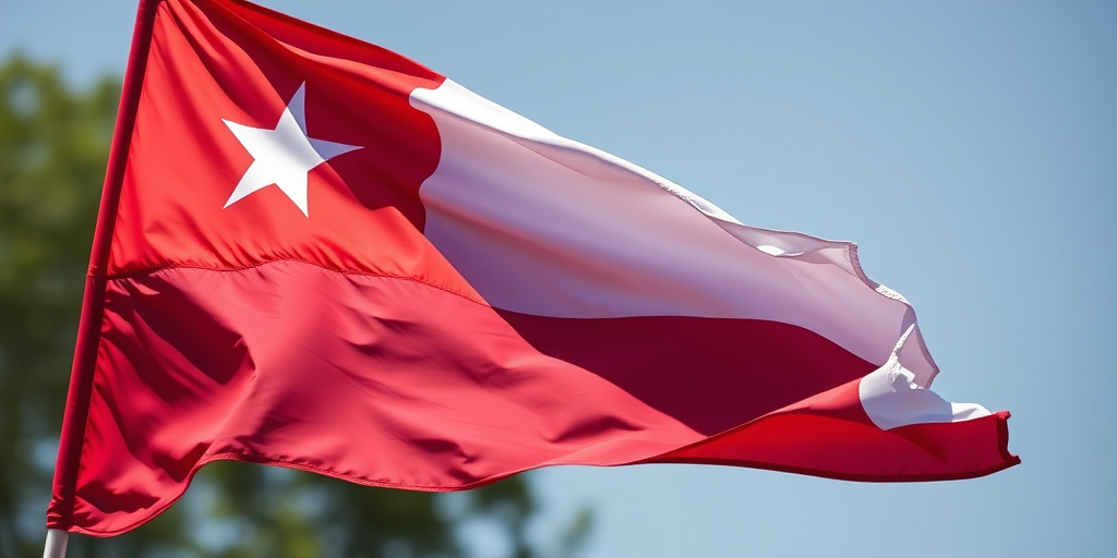 High-resolution image of the Chilean flag waving in the wind, captured with a DSLR camera at 50mm, f/8 aperture, ISO 100, using a tripod for stability, in natural daylight with slight enhancements for color vibrancy.