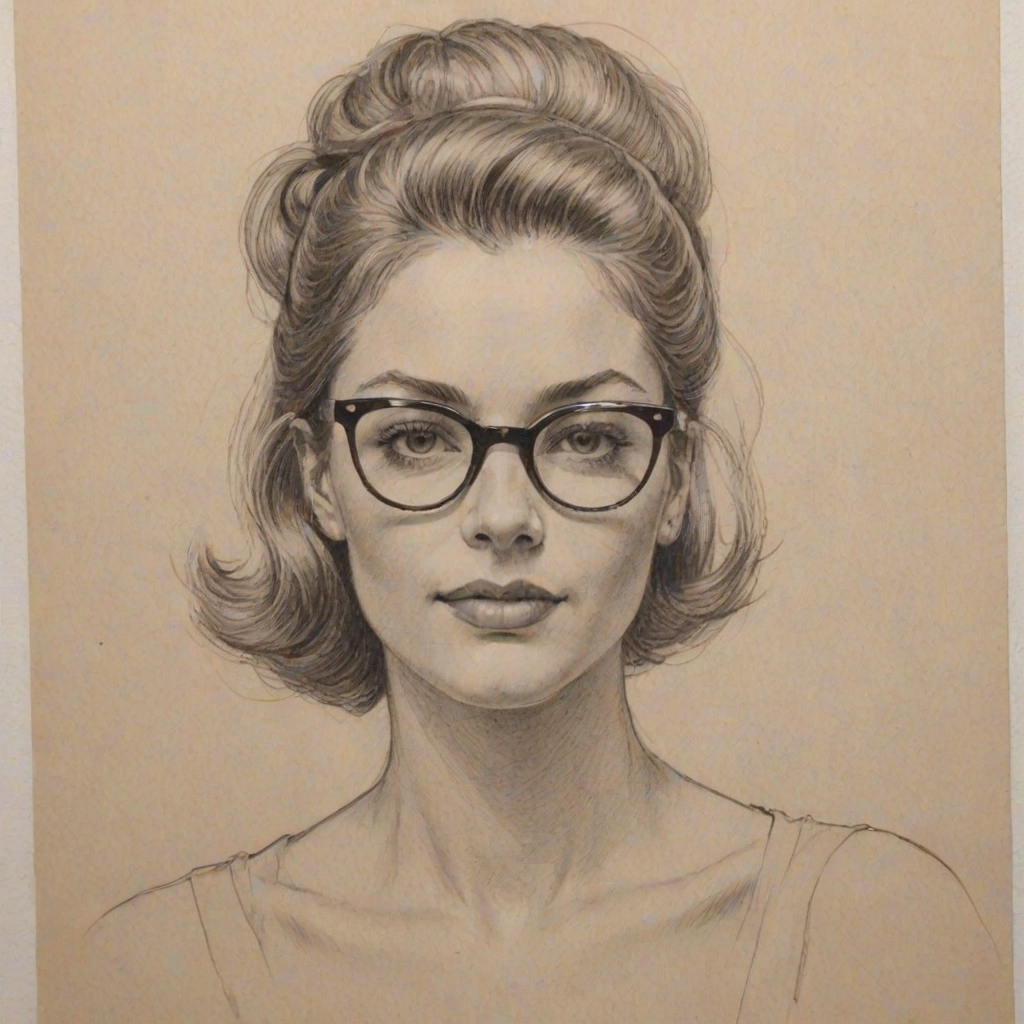 Wonderful Zoe Laverne, pencil sketch, portrait of Lovely woman 1959s in glasses, hair style beatnik, outline, clear lines, fine lines, 8k