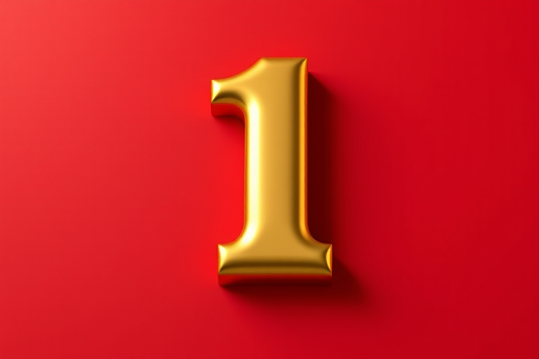 Create a high-resolution image of a shiny gold number 1 in a 3D style, centered on a vibrant red background, taken with a Canon EOS R5 camera, 50mm lens, f/2.8 aperture, ISO 100, and with soft, diffused lighting to enhance the metallic texture.