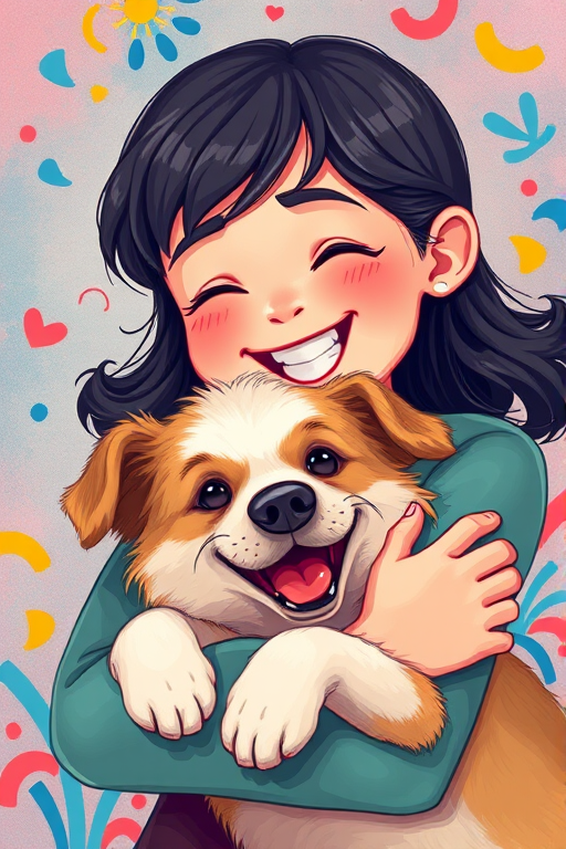 Generate a vibrant digital illustration of a young person with dark hair, joyfully embracing a playful dog, with a colorful and whimsical background, use a Canon EOS R5 camera with a 50mm f/1.2 lens, set ISO 100, aperture f/1.8, and shutter speed 1/250s for high clarity and detail.