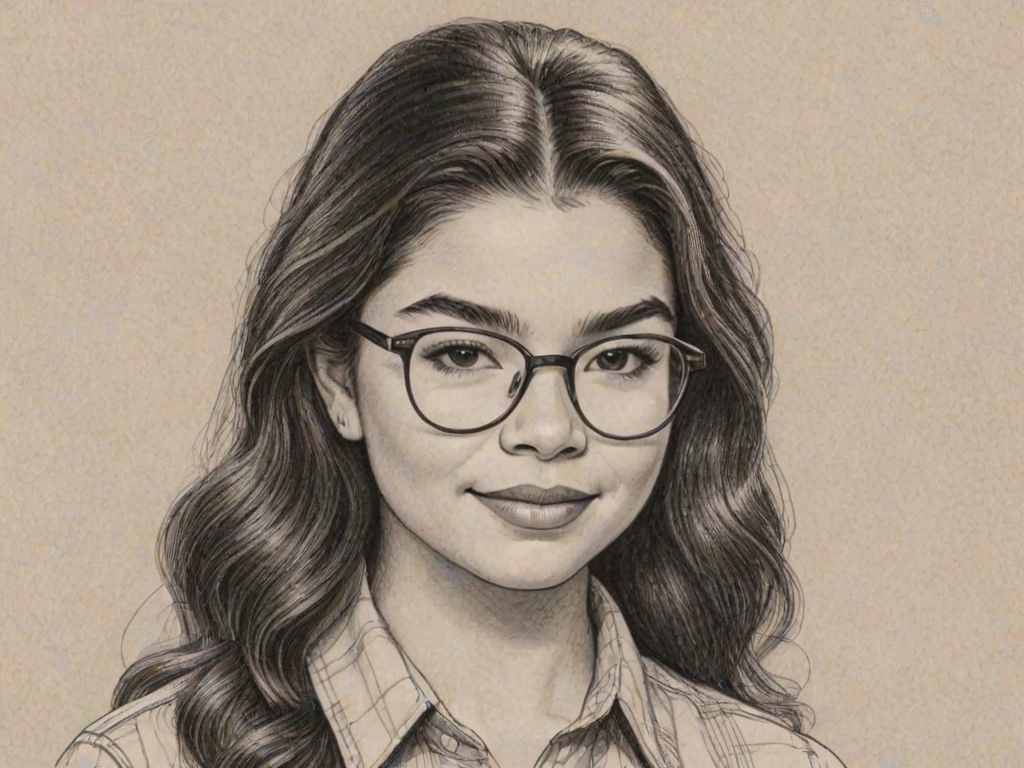 Enchanting Auli'i Cravalho, pencil sketch, portrait of Delightful woman 1974s in glasses, hair style beatnik, outline, clear lines, fine lines, 8k