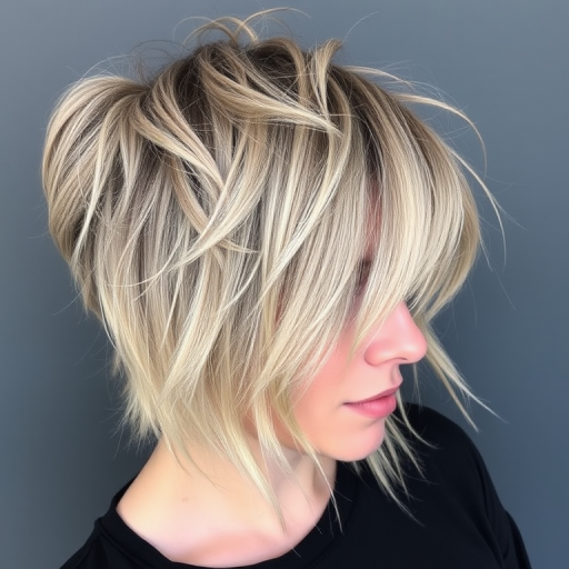Chic ash blonde wolf cut with choppy layers and curtain bangs, styled in a messy bedhead texture for an effortlessly cool and trendy appearance