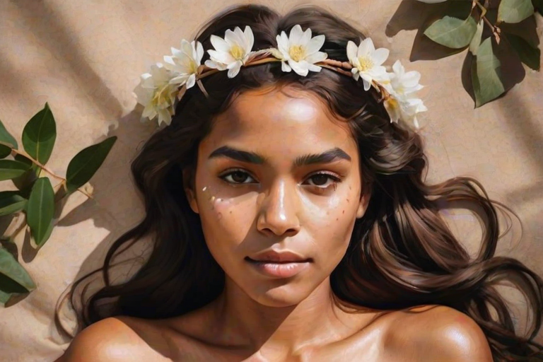 create a watercolor painting of an ethereal portrait of beautiful Aboriginal Australian woman with a simple white flower crown on her head. Her hair is long and she is lying on the ground. The sunlight on the trees casts shadows from the leaves on her face and body. The background is a neutral brown color that matches her skin tone. The image is minimalist and solid colors. This style is characterized by soft, delicate brushstrokes and a light, airy, contrasting color palette. High level of detail and play of light