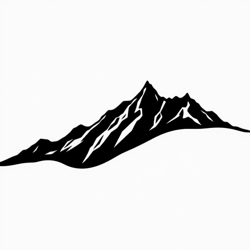 Create a high-resolution minimalist black and white line drawing of a stylized mountain silhouette against a plain background, shot with a DSLR camera at f/8 aperture, ISO 100, 50mm lens, natural lighting, and a slight overhead angle to enhance depth and detail.