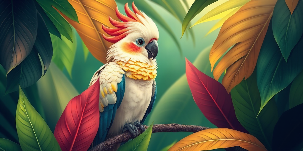 Create a digital illustration of a cockatoo perched among lush tropical leaves with vibrant colors and textures, using a high-resolution setting with a 50mm lens, f/1.8 aperture, ISO 100, and natural soft lighting for enhanced detail and depth.