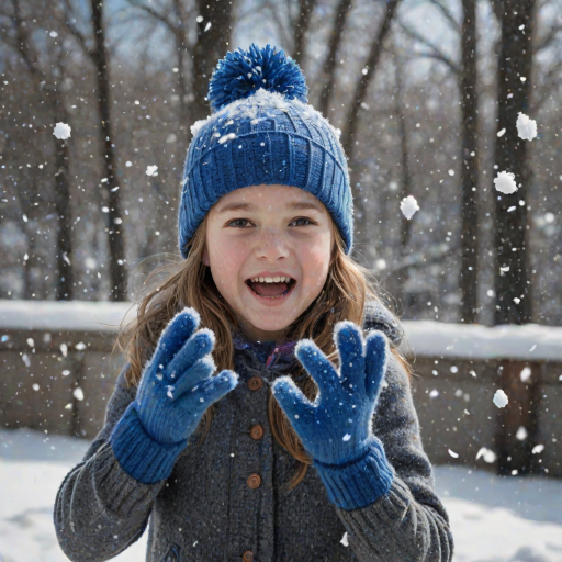 A hyperdetailed photorealistic macro image black and white pencil sketch of a young girl getting hit by a snowball during a snowball fight. She is wearing a brilliant sapphire blue wool beanie and bright blue mittens. She is trying to block the snowball by putting her hands up. The snowball hits her beanie and disintegrates into myriad tiny snowflakes caught with high speed photography. The girl is laughing and having a wonderful time.