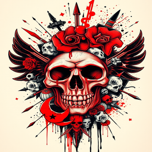 Trash polka tattoo named "Chaotic Harmony" combining bold red and black elements with photorealistic imagery and typographic elements in a dynamic and expressive composition