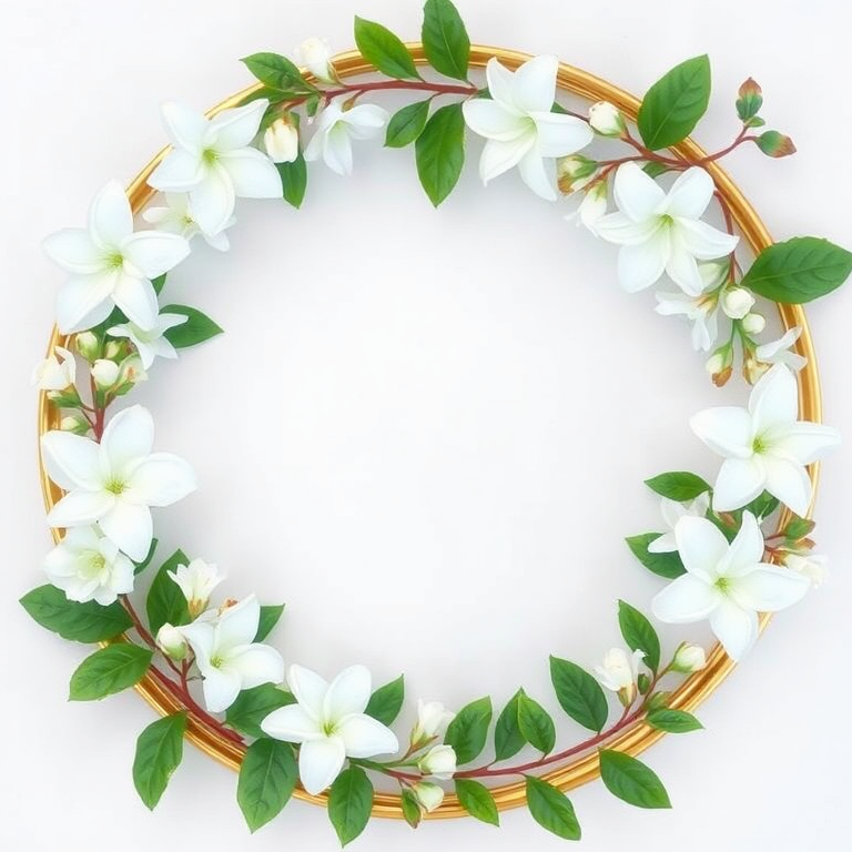 Create a floral frame with white flowers and green leaves on a circular gold outline, using a DSLR camera with a 50mm lens at f/2.8, natural lighting, top-down view, in high resolution to enhance image quality.