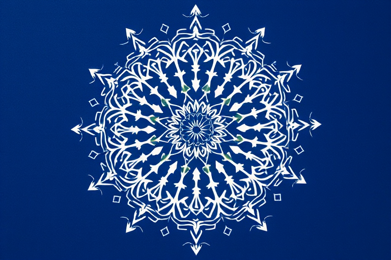 Generate a symmetrical mandala design with intricate white patterns on a deep blue background, using a Canon EOS R5 camera, 50mm lens, aperture f/2.8, ISO 100, and a high-resolution focus to enhance image quality.