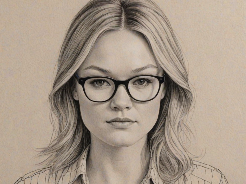 Appealing Julia Stiles, pencil sketch, portrait of Pleasing woman 1967s in glasses, hair style beatnik, outline, clear lines, fine lines, 8k