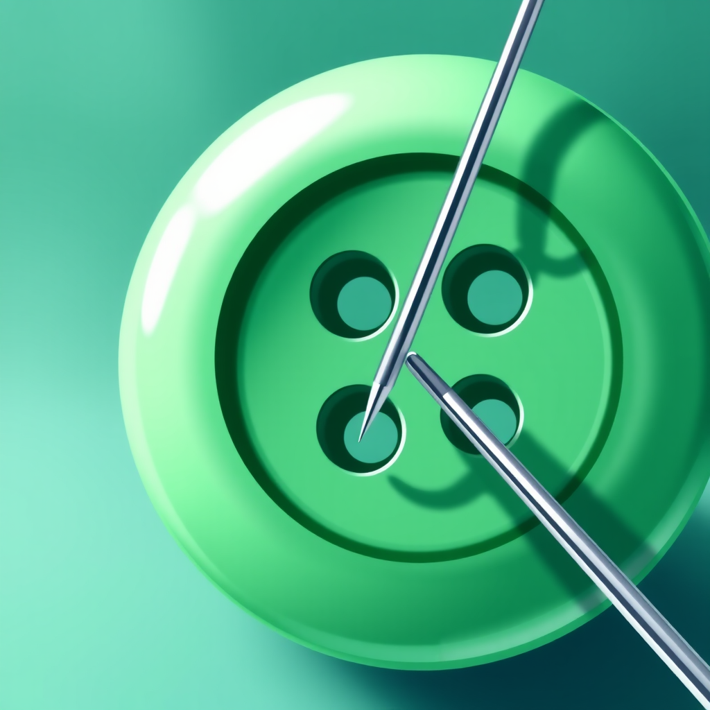 Create an illustration of a large green button with four holes next to a shiny silver sewing needle, high-resolution, 50mm lens, f/8 aperture, natural lighting, focus on the button with a blurred background, digital art style.