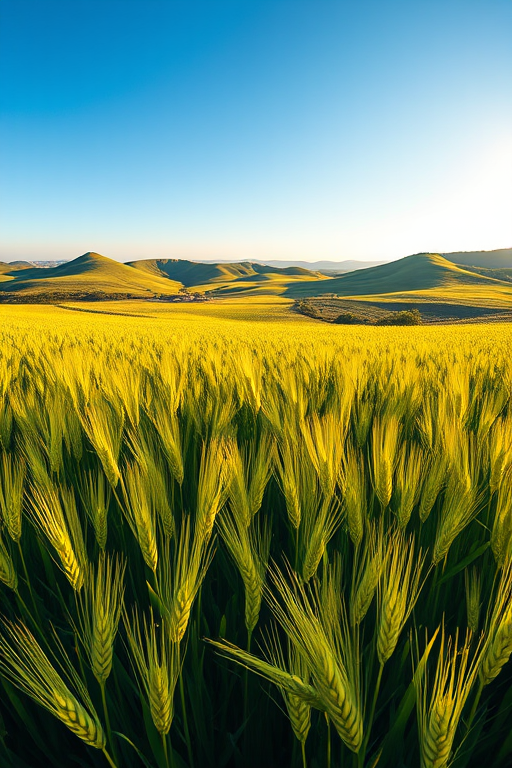 Regenerate a vibrant green wheat field with rolling hills under a clear blue sky, wide-angle view, aperture f/8, ISO 100, 1/200 sec, DSLR camera, golden hour lighting, enhanced sharpness and contrast.