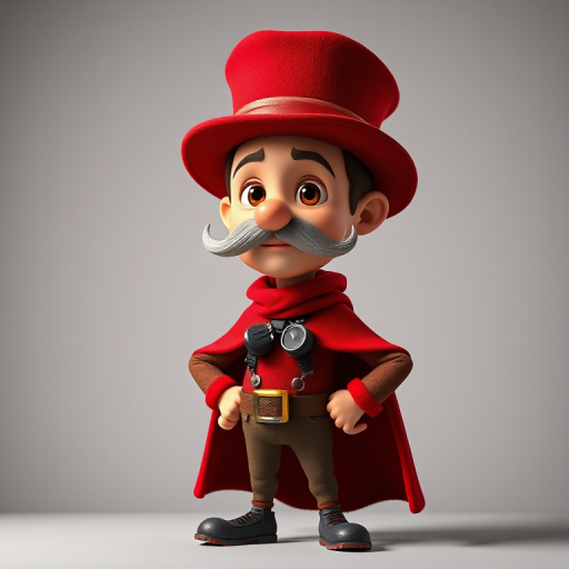 Create a high-resolution image of a cartoon character resembling a mustachioed man in a red cape and felt hat, standing with his hands on his hips, captured with a Canon EOS R5, 35mm lens, f/2.8 aperture, 1/200 sec shutter speed, in bright studio lighting.