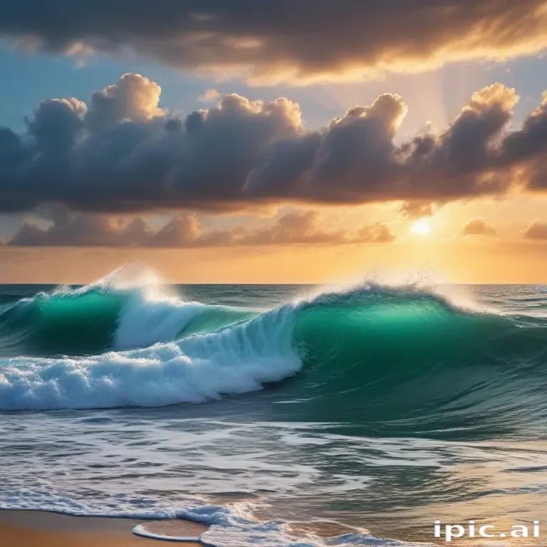 Majestic Waves Crashing Under a Golden Sunset and Cloudy Sky