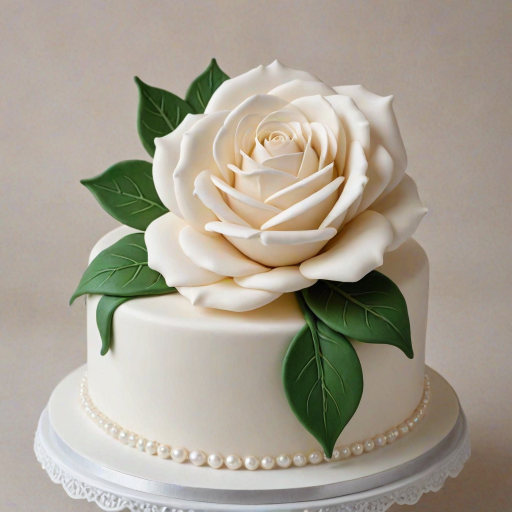 Create an elegant cake design featuring a large white rose made of fondant on top. The cake should have a smooth white frosting with delicate pearl accents and cascading sugar leaves. The overall look should be sophisticated and refined, perfect for a special occasion, with a soft pastel background to enhance its beauty.