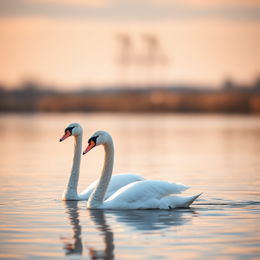Create a serene image of two swans gracefully swimming together on a tranquil lake at dawn, capturing the soft reflections on the water's surface, using a Canon EOS 5D Mark IV, 50mm lens, f/2.8 aperture, ISO 100, 1/200s shutter speed, with a shallow depth of field and soft bokeh background for enhanced clarity and detail.