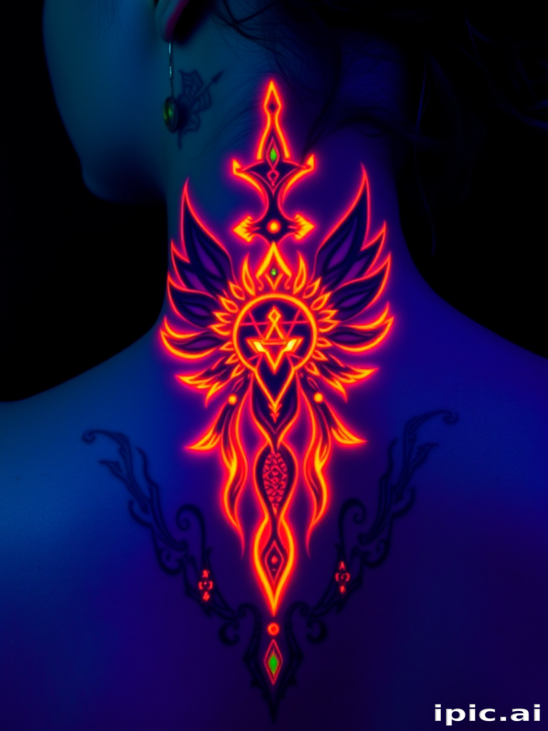 Mystical blacklight reactive tattoo called "Neon Shamanism" featuring tribal-inspired patterns and spirit animal motifs that remain nearly invisible in normal light but come to life with a vibrant glow under UV illumination intricate line work and sacred geometry elements blend seamlessly with the skin by day transforming into a luminous spiritual totem by night