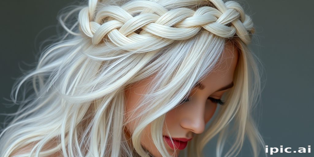 Dreamy image showcasing Opal Essence hair, iridescent white with subtle rainbow reflections, styled in a loose, romantic braided crown