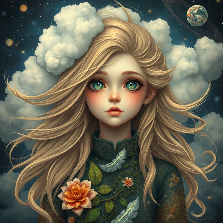 Create a series of imaginative portraits where each subject is infused with elements of fantasy and nature. The hair of the individuals should flow like clouds, varying from soft, fluffy cumulus to wispy cirrus strands, with hints of color reflecting a sunset or a clear blue sky. The eyes should be windows to entire galaxies, with stars, nebulae, and distant planets visible within them. Clothing should be adorned with nature motifs, such as floral patterns that bloom and change, vines that seem to grow and wrap around, or feathers that shimmer with iridescence. Each portrait should capture a unique personality, blending human features with the ethereal beauty of the natural and cosmic world. The backgrounds can vary, from starry night skies to enchanted forests, adding depth and context to the magical realism of the portraits