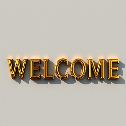 Generate a high-resolution image of the word "WELCOME" in a glossy, golden font with soft shadows, using a Canon EOS R5 camera, 50mm lens, aperture f/1.8, ISO 100, and natural lighting for a vibrant appearance.