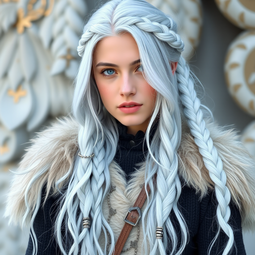 Silvery white waist-length hair with subtle blue undertones, styled in intricate Viking-inspired braids and adorned with metallic beads, embodying the spirit of a winter warrior called Frost Valkyrie