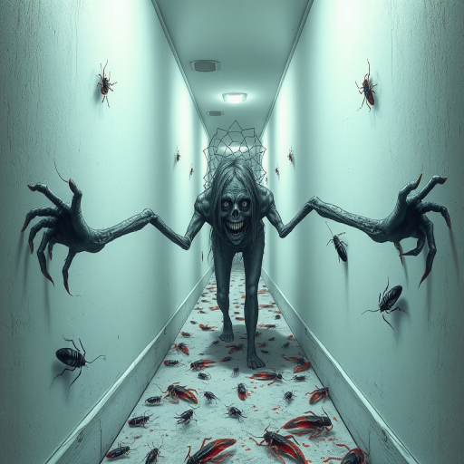 a crooked female with long arms and a creepy smile is crawling along a long white corridor and you can also see cockroaches in it there is a creepy atmosphere creepy art style